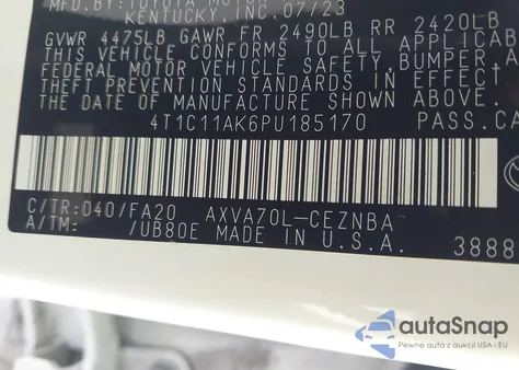 2023 Toyota Camry Le z USA, uszkodzony, nr VIN 4T1C11AK6PU185170